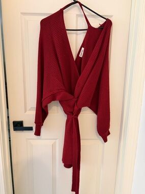 Peach Love Knot-Front Ribbed Knit Cardigan in Deep Red